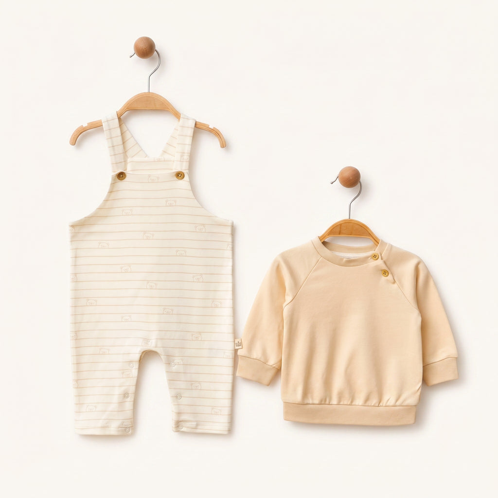 Loumi Baby krem rengi çizgili organik pamuklu bebek salopet ve sweatshirt takımı