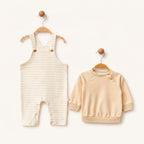 Loumi Baby krem rengi çizgili organik pamuklu bebek salopet ve sweatshirt takımı