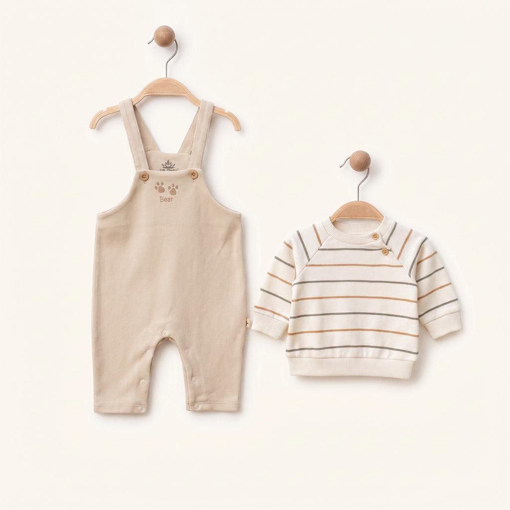 Loumi Baby organik pamuklu kahve rengi salopet ve çizgili sweatshirt bebek takımı